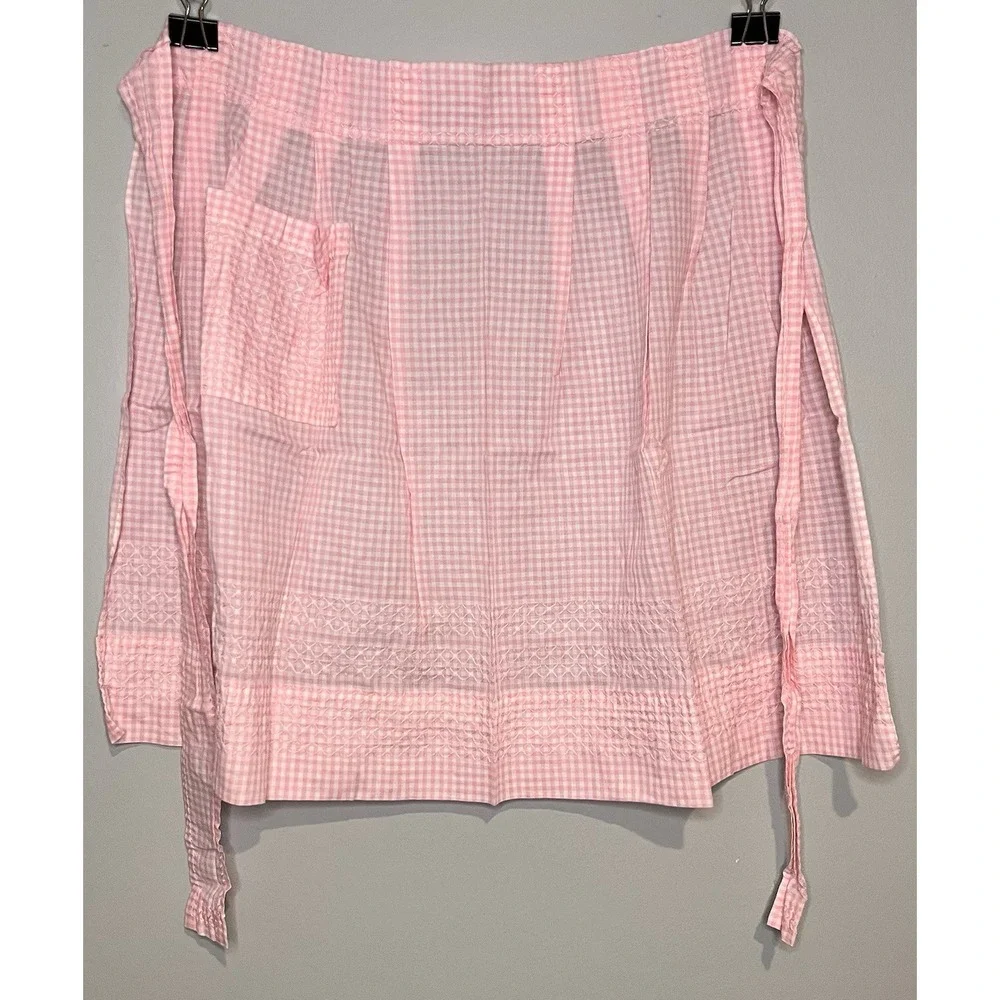 2 Pc Vintage Half Apron Hostess Semi-Sheer Pink Floral/Fruit Motiff And Gingham
